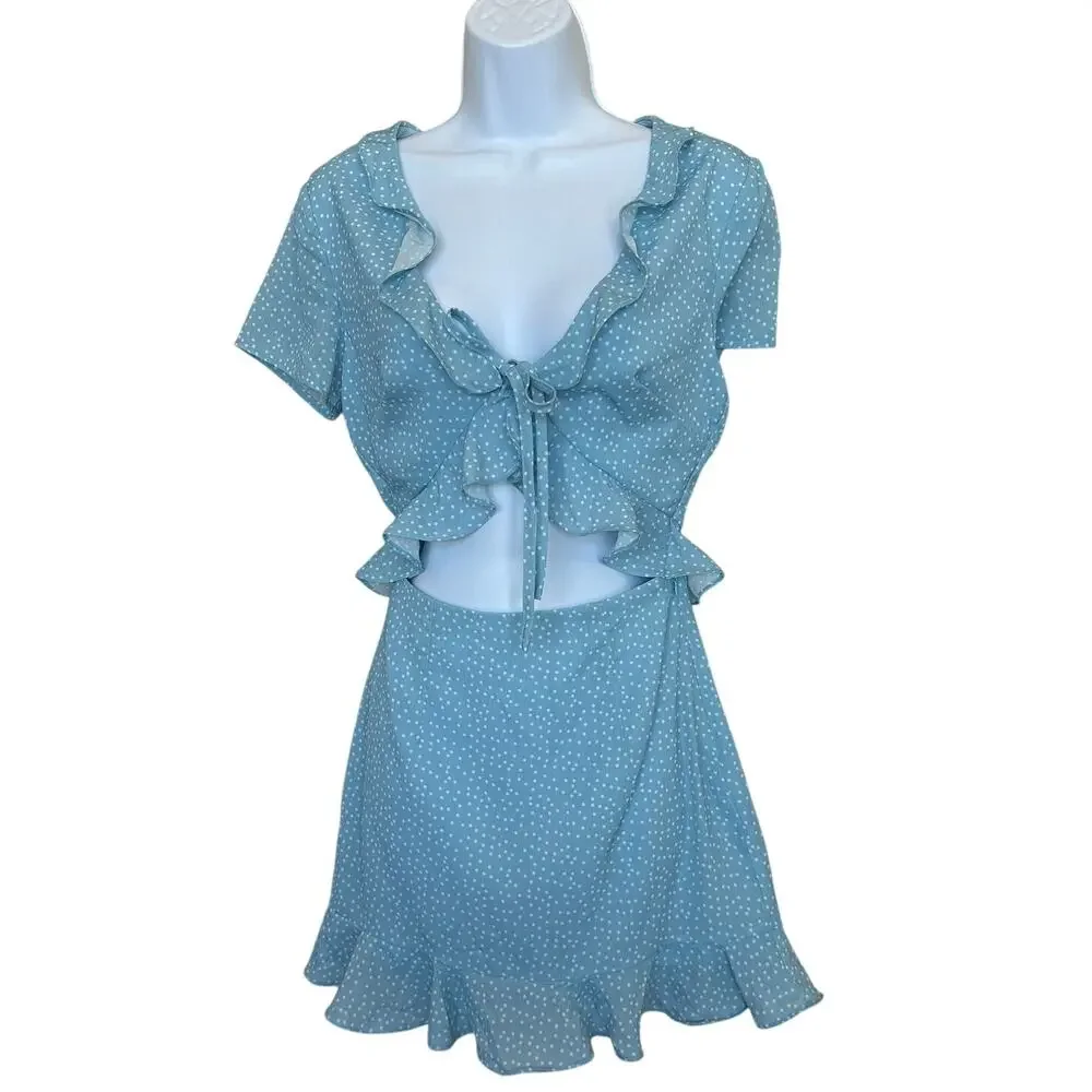 Superdown Pastel Blue Polka Dot Mini Dress XS Ruffle Cut Out Waist Y2K $72 NEW - Picture 4 of 7